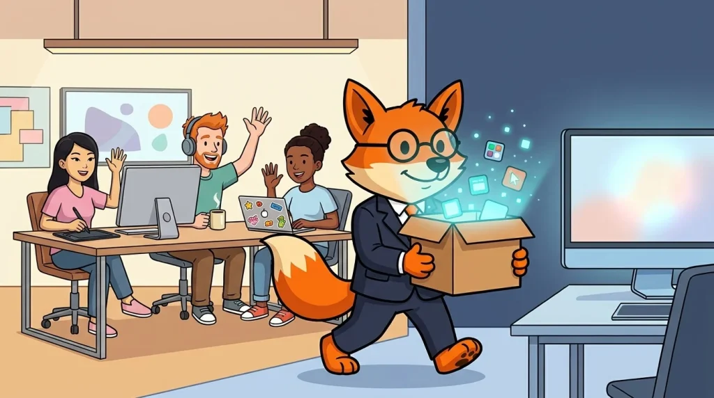 Illustration: Der Payroll-Fuchs trägt einen Karton mit digitalen Unterlagen aus einem Agenturbüro, im Hintergrund winken drei Mitarbeiter an ihren Schreibtischen