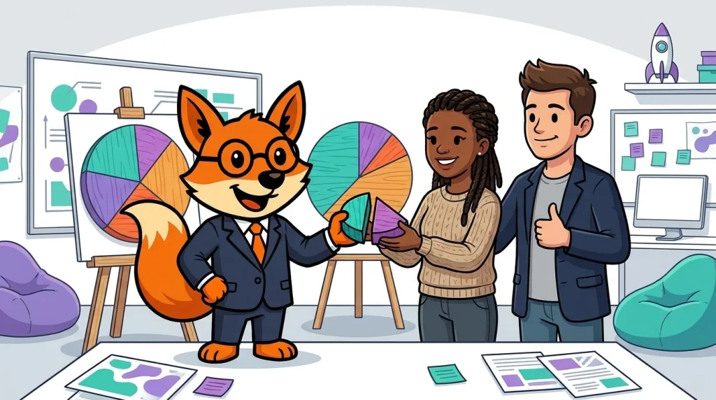 Illustration: Der Payroll-Fuchs überreicht einer Gründerin und einem Gründer ein Stück aus einem Tortendiagramm als Sinnbild für Unternehmensanteile, im Hintergrund ein Start-up-Büro